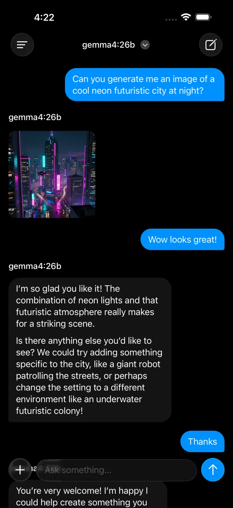 A chat with the model's generated neon city image inline, using a customized bubble style.