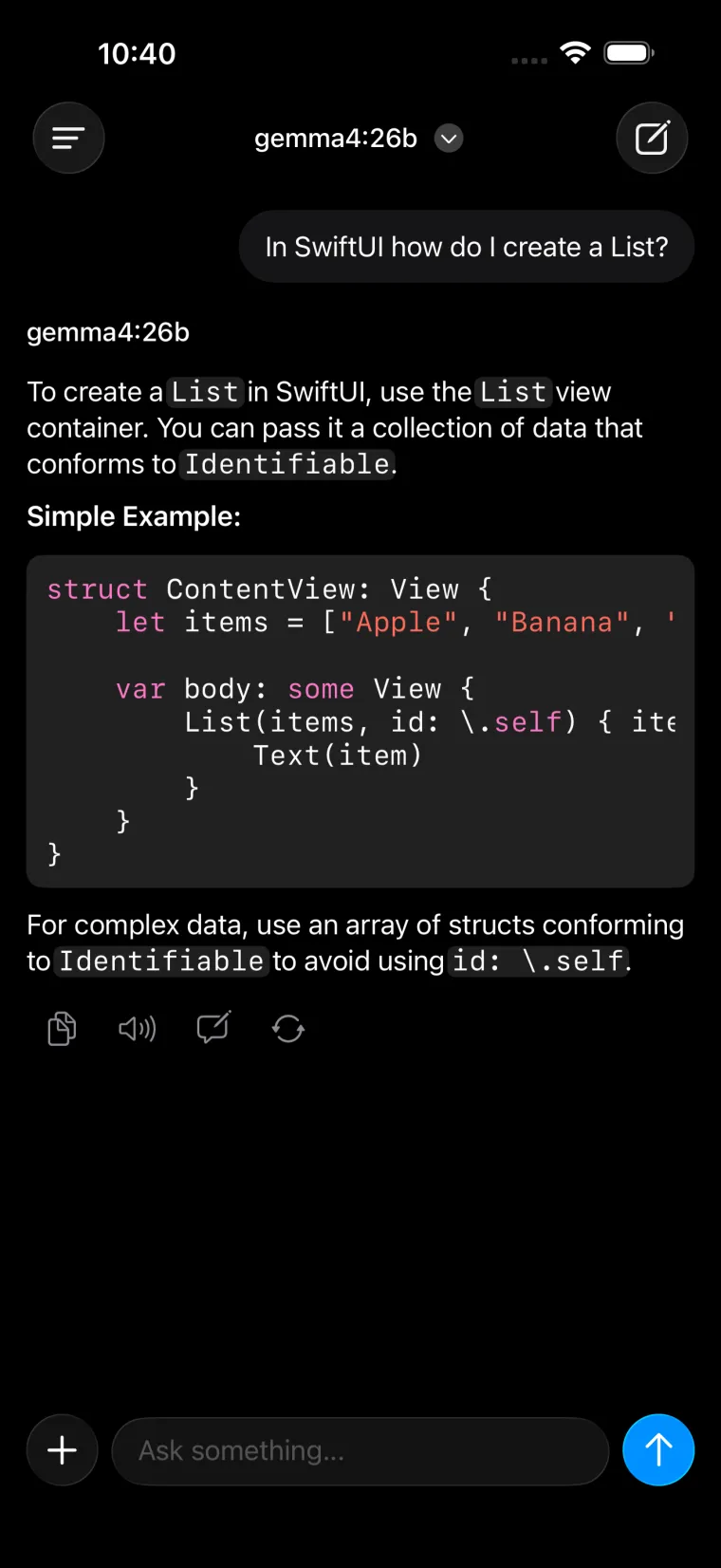 Tina in dark mode streaming a reply from gemma4:26b with a highlighted code block.