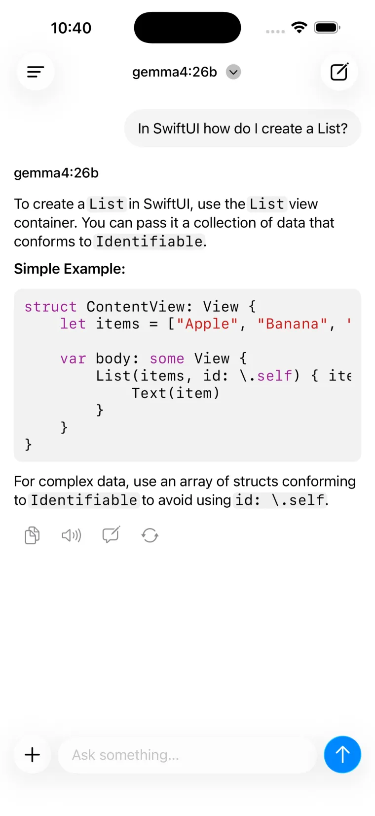 Tina in light mode answering a SwiftUI question with syntax highlighted code.