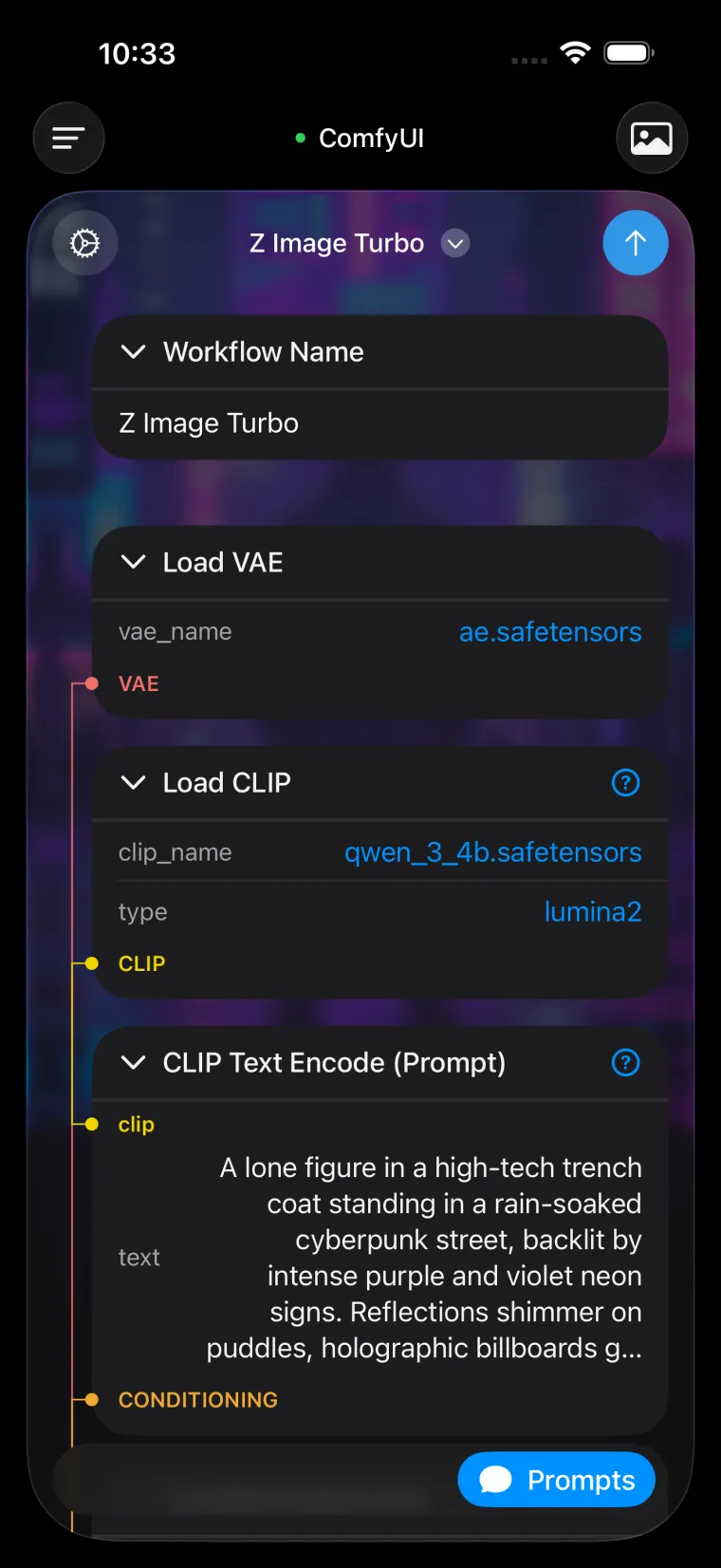 A ComfyUI node graph laid out vertically on iPhone, with VAE and CLIP connections drawn between nodes.
