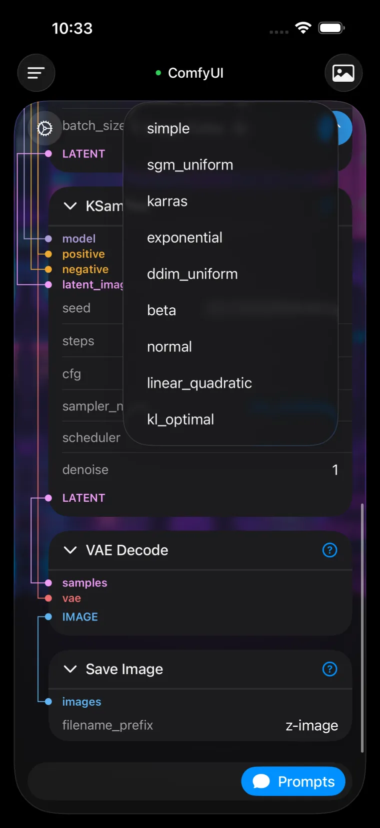 Workflow picker listing the workflows stored on the ComfyUI server.