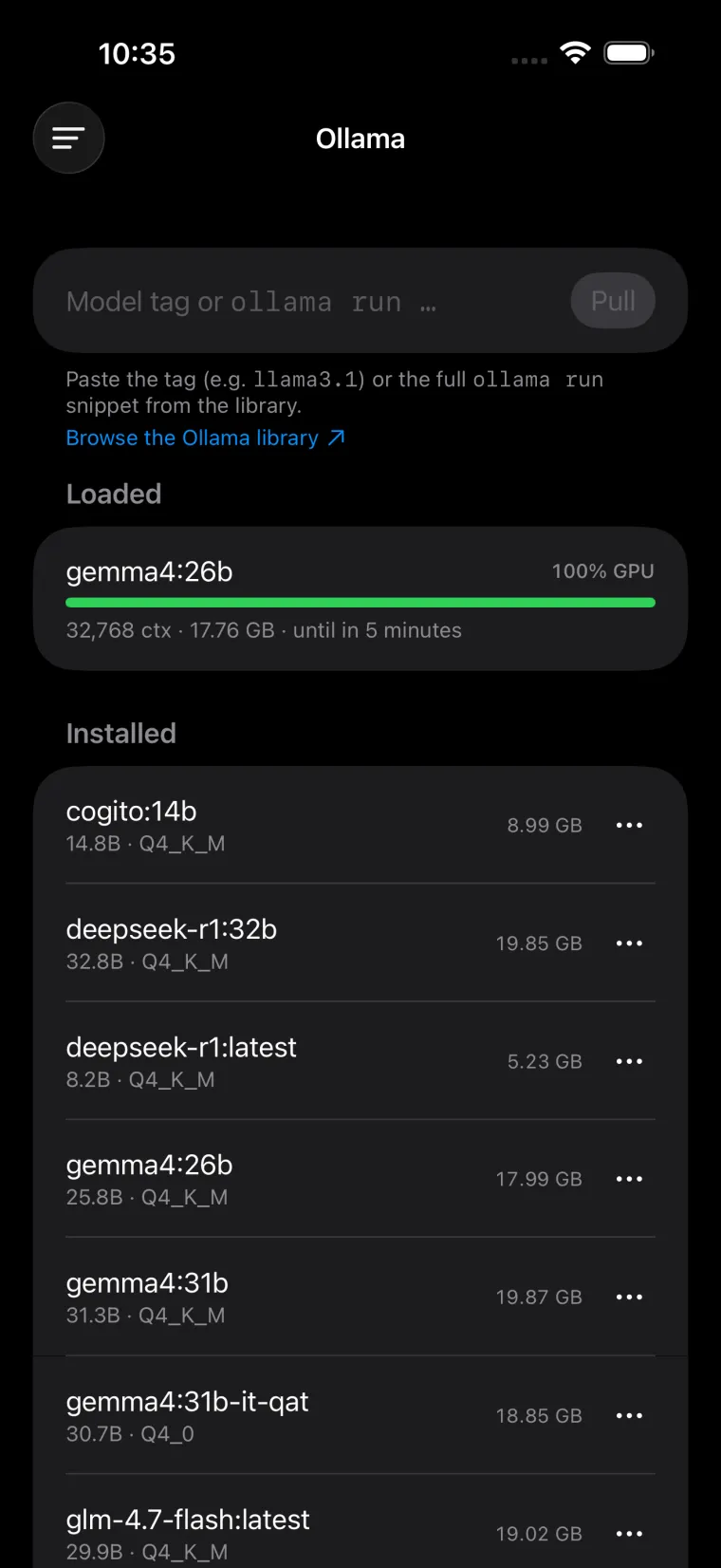 Ollama model management in dark mode, showing loaded models and VRAM use.