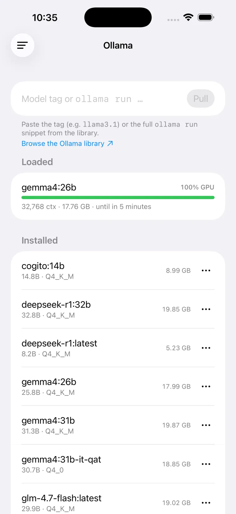 The same Ollama management screen in light mode.